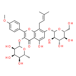 ChemSpider 2D Image | 7-(beta-D-Glucopyranosyloxy)-5-hydroxy-2-(4-methoxyphenyl)-8-(3-methyl-2-buten-1-yl)-4-oxo-4H-chromen-3-yl 6-deoxy-beta-D-allopyranoside | C33H40O15