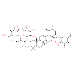 ChemSpider 2D Image | 1-O-[(5xi,9xi,18xi)-3-{[6-Deoxy-beta-D-allopyranosyl-(1->2)-[beta-D-glucopyranosyl-(1->3)]-beta-D-ribopyranosyl]oxy}-28-oxours-12-en-28-yl]-beta-D-glucopyranose | C53H86O21