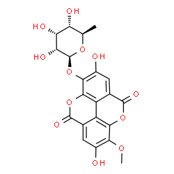 ChemSpider 2D Image | 2,7-Dihydroxy-8-methoxy-5,10-dioxo-5,10-dihydrochromeno[5,4,3-cde]chromen-3-yl 6-deoxy-beta-D-allopyranoside | C21H18O12