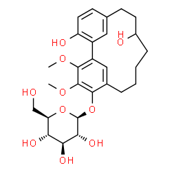 ChemSpider 2D Image | 11,17-Dihydroxy-3,4-dimethoxytricyclo[12.3.1.1~2,6~]nonadeca-1(18),2(19),3,5,14,16-hexaen-5-yl beta-D-glucopyranoside | C27H36O10
