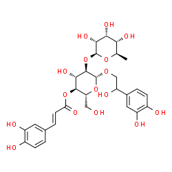 ChemSpider 2D Image | 2-(3,4-Dihydroxyphenyl)-2-hydroxyethyl 2-O-(6-deoxy-beta-D-allopyranosyl)-4-O-[(2E)-3-(3,4-dihydroxyphenyl)-2-propenoyl]-beta-D-glucopyranoside | C29H36O16