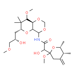ChemSpider 2D Image | 2-Hydroxy-N-{(6R,8aR)-6-[(2S)-2-hydroxy-3-methoxypropyl]-8-methoxy-7,7-dimethylhexahydropyrano[3,2-d][1,3]dioxin-4-yl}-2-[(5R,6R)-2-methoxy-5,6-dimethyl-4-methylenetetrahydro-2H-pyran-2-yl]acetamide (
non-preferred name) | C25H43NO10