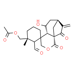 ChemSpider 2D Image | [(1'S,3R,6'S,9'S)-2-Formyl-7'-hydroxy-3-methyl-10'-methylene-2',11'-dioxo-3'-oxaspiro[cyclohexane-1,5'-tricyclo[7.2.1.0~1,6~]dodecan]-3-yl]methyl acetate | C22H28O7