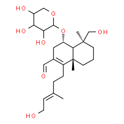 ChemSpider 2D Image | (1S,4aS,8S)-3-Formyl-8-(hydroxymethyl)-4-[(3E)-5-hydroxy-3-methyl-3-penten-1-yl]-4a,8-dimethyl-1,2,4a,5,6,7,8,8a-octahydro-1-naphthalenyl pentopyranoside | C25H40O8