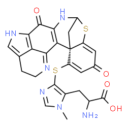 ChemSpider 2D Image | 5-{[(1S)-11,18-Dioxo-15-thia-4,9,13-triazahexacyclo[12.6.1.1~3,7~.0~1,16~.0~2,12~.0~10,22~]docosa-2(12),3,7,10(22),16,19-hexaen-20-yl]sulfanyl}-3-methylhistidine | C25H22N6O4S2