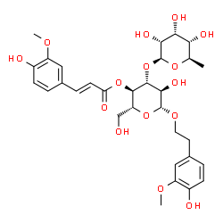 ChemSpider 2D Image | 2-(4-Hydroxy-3-methoxyphenyl)ethyl 3-O-(6-deoxy-beta-D-allopyranosyl)-4-O-[(2E)-3-(4-hydroxy-3-methoxyphenyl)-2-propenoyl]-beta-D-glucopyranoside | C31H40O15
