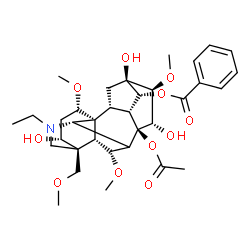 ChemSpider 2D Image | (3alpha,6alpha,11beta,14alpha,15alpha,16beta,17S)-8-Acetoxy-20-ethyl-3,13,15-trihydroxy-1,6,16-trimethoxy-4-(methoxymethyl)aconitan-14-yl benzoate | C34H47NO11