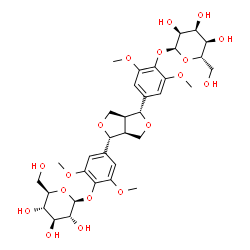 ChemSpider 2D Image | 4-{(1R,3aS,4R,6aS)-4-[4-(beta-D-Glucopyranosyloxy)-3,5-dimethoxyphenyl]tetrahydro-1H,3H-furo[3,4-c]furan-1-yl}-2,6-dimethoxyphenyl alpha-L-allopyranoside | C34H46O18
