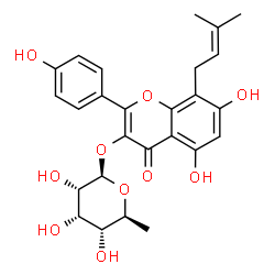 ChemSpider 2D Image | 5,7-Dihydroxy-2-(4-hydroxyphenyl)-8-(3-methyl-2-buten-1-yl)-4-oxo-4H-chromen-3-yl 6-deoxy-beta-L-allopyranoside | C26H28O10