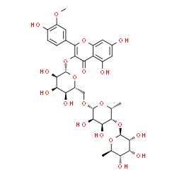 ChemSpider 2D Image | 5,7-Dihydroxy-2-(4-hydroxy-3-methoxyphenyl)-4-oxo-4H-chromen-3-yl 6-deoxy-beta-D-allopyranosyl-(1->4)-6-deoxy-beta-D-gulopyranosyl-(1->6)-beta-D-allopyranoside | C34H42O20