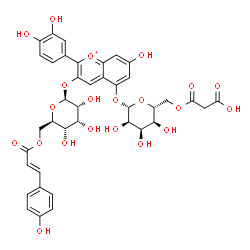 ChemSpider 2D Image | 2-(3,4-Dihydroxyphenyl)-7-hydroxy-3-({6-O-[(2E)-3-(4-hydroxyphenyl)-2-propenoyl]-beta-D-allopyranosyl}oxy)-5-chromeniumyl 6-O-(carboxyacetyl)-beta-D-allopyranoside | C39H39O21