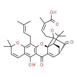 ChemSpider 2D Image | (2Z)-4-[(1R,2S,17S)-12-Hydroxy-8,8,21,21-tetramethyl-5-(3-methyl-2-buten-1-yl)-14,18-dioxo-3,7,20-trioxahexacyclo[15.4.1.0~2,15~.0~2,19~.0~4,13~.0~6,11~]docosa-4(13),5,9,11,15-pentaen-19-yl]-2-methyl-
2-butenoic acid | C33H36O8
