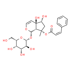 ChemSpider 2D Image | (1S,4aR,5R,7S,7aR)-1-(beta-L-Galactopyranosyloxy)-4a,5-dihydroxy-7-methyl-1,4a,5,6,7,7a-hexahydrocyclopenta[c]pyran-7-yl (2Z)-3-phenylacrylate | C24H30O11