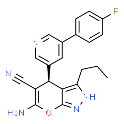 ChemSpider 2D Image | (4R)-6-Amino-4-[5-(4-fluorophenyl)-3-pyridinyl]-3-propyl-2,4-dihydropyrano[2,3-c]pyrazole-5-carbonitrile | C21H18FN5O