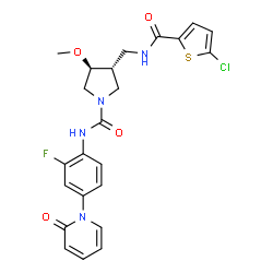 ChemSpider 2D Image | (3R,4S)-3-({[(5-Chloro-2-thienyl)carbonyl]amino}methyl)-N-[2-fluoro-4-(2-oxo-1(2H)-pyridinyl)phenyl]-4-methoxy-1-pyrrolidinecarboxamide | C23H22ClFN4O4S