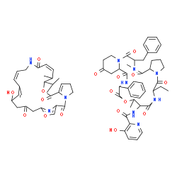 ChemSpider 2D Image | N-(22-Benzyl-6-ethyl-10,23-dimethyl-5,8,12,15,17,21,24-heptaoxo-13-phenyldocosahydro-12H-pyrido[2,1-f]pyrrolo[2,1-l][1,4,7,10,13,16]oxapentaazacyclononadecin-9-yl)-3-hydroxy-2-pyridinecarboxamide - 21
-hydroxy-10-isopropyl-11,19-dimethyl-9,26-dioxa-3,15,28-triazatricyclo[23.2.1.0~3,7~]octacosa-1(27),6,12,17,19,25(28)-hexaene-2,8,14,23-tetrone (1:1) | C71H84N10O17
