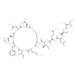 ChemSpider 2D Image | N-({(4R)-2-[(1S,2S)-1-Amino-2-methylbutyl]-4,5-dihydro-1,3-thiazol-4-yl}carbonyl)-L-leucyl-D-alpha-glutamyl-N-[(3S,6R,9S,12R,15R,18R,21S)-3-(2-amino-2-oxoethyl)-18-(3-aminopropyl)-12-benzyl-15-[(2S)-2
-butanyl]-6-(carboxymethyl)-9-(1H-imidazol-5-ylmethyl)-2,5,8,11,14,17,20-heptaoxo-1,4,7,10,13,16,19-heptaazacyclopentacosan-21-yl]-D-isoleucinamide | C66H103N17O16S