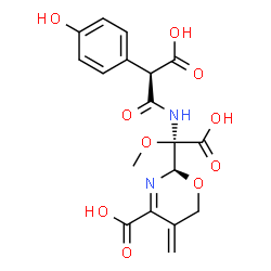 ChemSpider 2D Image | (2R)-2-[(R)-Carboxy{[(2S)-2-carboxy-2-(4-hydroxyphenyl)acetyl]amino}methoxymethyl]-5-methylene-5,6-dihydro-2H-1,3-oxazine-4-carboxylic acid | C18H18N2O10