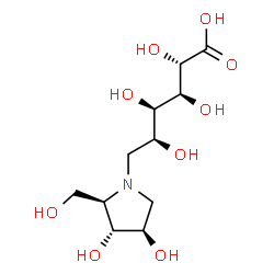 ChemSpider 2D Image | 6-Deoxy-6-[(2R,3R,4R)-3,4-dihydroxy-2-(hydroxymethyl)-1-pyrrolidinyl]-L-gulonic acid | C11H21NO9