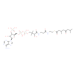 ChemSpider 2D Image | S-{(9R)-1-[(2R,3S,4R,5R)-5-(6-Amino-9H-purin-9-yl)-4-hydroxy-3-(phosphonooxy)tetrahydro-2-furanyl]-3,5,9-trihydroxy-8,8-dimethyl-3,5-dioxido-10,14-dioxo-2,4,6-trioxa-11,15-diaza-3lambda~5~,5lambda~5~-
diphosphaheptadecan-17-yl} 3,7-dimethyl-5-oxooctanethioate | C31H52N7O18P3S
