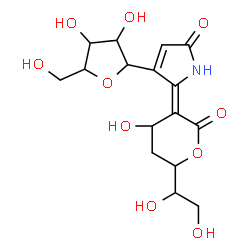 ChemSpider 2D Image | 1,4-Anhydro-1-{(2Z)-2-[6-(1,2-dihydroxyethyl)-4-hydroxy-2-oxodihydro-2H-pyran-3(4H)-ylidene]-5-oxo-2,5-dihydro-1H-pyrrol-3-yl}pentitol | C16H21NO10