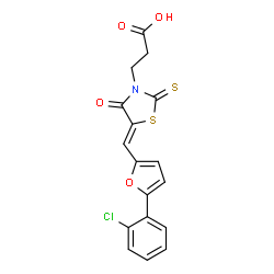 ChemSpider 2D Image | 3-[(5Z)-5-{[5-(2-Chlorophenyl)-2-furyl]methylene}-4-oxo-2-thioxo-1,3-thiazolidin-3-yl]propanoic acid | C17H12ClNO4S2