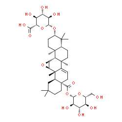 ChemSpider 2D Image | 1-O-{[(4aS,6bR,8aR,10S,12aS,12bR,12cS,13aR,13bS,13cS)-10-(beta-D-Glucopyranuronosyloxy)-2,2,6b,9,9,12a,13b-heptamethyl-1,3,4,5,6b,7,8,8a,9,10,11,12,12a,12b,12c,13a,13b,13c-octadecahydropiceno[13,14-b]
oxiren-4a(2H)-yl]carbonyl}-beta-D-glucopyranose | C42H64O15