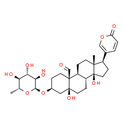 ChemSpider 2D Image | (3beta,5beta)-3-[(6-Deoxy-alpha-D-glucopyranosyl)oxy]-5,14-dihydroxy-19-oxobufa-20,22-dienolide | C30H42O10