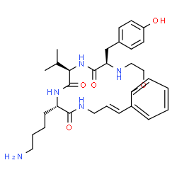 ChemSpider 2D Image | (5R,8R,11S,15E)-11-(4-Aminobutyl)-5-(4-hydroxybenzyl)-8-isopropyl-4,5,7,8,10,11,13,14-octahydro-2H-1,4,7,10,13-benzoxatetraazacyclooctadecine-6,9,12(3H)-trione | C31H43N5O5