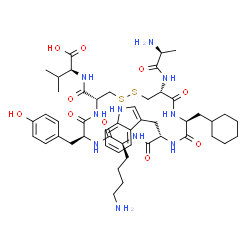 ChemSpider 2D Image | N-{[(4R,7S,10S,13S,16S,19R)-19-(L-alanylamino)-10-(4-aminobutyl)-16-(cyclohexylmethyl)-7-(4-hydroxybenzyl)-13-(1H-indol-3-ylmethyl)-6,9,12,15,18-pentaoxo-1,2-dithia-5,8,11,14,17-pentaazacycloicosan-4-yl]carbonyl}-L-valine | C49H70N10O10S2