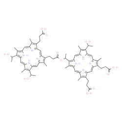 ChemSpider 2D Image | 3-[18-(3-{1-[8,12-Bis(2-carboxyethyl)-17-(1-hydroxyethyl)-3,7,13,18-tetramethyl-2-porphyrinyl]ethoxy}-3-oxopropyl)-8,13-bis(1-hydroxyethyl)-3,7,12,17-tetramethyl-2-porphyrinyl]propanoic acid | C68H74N8O11