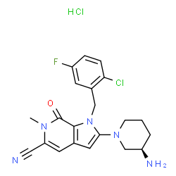 ChemSpider 2D Image | 2-[(3R)-3-Amino-1-piperidinyl]-1-(2-chloro-5-fluorobenzyl)-6-methyl-7-oxo-6,7-dihydro-1H-pyrrolo[2,3-c]pyridine-5-carbonitrile hydrochloride (1:1) | C21H22Cl2FN5O