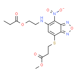 ChemSpider 2D Image | methyl 3-[(7-nitro-6-{[2-(propionyloxy)ethyl]amino}-2,1,3-benzoxadiazol-4-yl)thio]propanoate | C15H18N4O7S