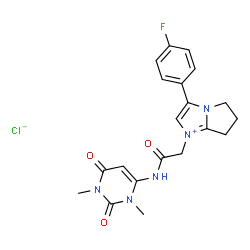ChemSpider 2D Image | 1-{2-[(1,3-Dimethyl-2,6-dioxo-1,2,3,6-tetrahydro-4-pyrimidinyl)amino]-2-oxoethyl}-3-(4-fluorophenyl)-6,7-dihydro-5H-pyrrolo[1,2-a]imidazol-1-ium chloride | C20H21ClFN5O3
