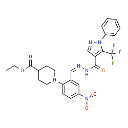 ChemSpider 2D Image | Ethyl 1-{4-nitro-2-[(Z)-({[1-phenyl-5-(trifluoromethyl)-1H-pyrazol-4-yl]carbonyl}hydrazono)methyl]phenyl}-4-piperidinecarboxylate | C26H25F3N6O5