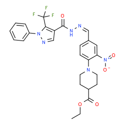 ChemSpider 2D Image | Ethyl 1-{2-nitro-4-[(Z)-({[1-phenyl-5-(trifluoromethyl)-1H-pyrazol-4-yl]carbonyl}hydrazono)methyl]phenyl}-4-piperidinecarboxylate | C26H25F3N6O5
