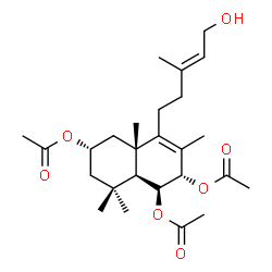 ChemSpider 2D Image | (1S,2S,4aS,6S,8aS)-4-[(3E)-5-Hydroxy-3-methyl-3-penten-1-yl]-3,4a,8,8-tetramethyl-1,2,4a,5,6,7,8,8a-octahydronaphthalene-1,2,6-triyl triacetate | C26H40O7