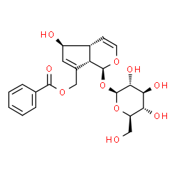 ChemSpider 2D Image | [(1S,4aR,5S,7aS)-1-(beta-D-Glucopyranosyloxy)-5-hydroxy-1,4a,5,7a-tetrahydrocyclopenta[c]pyran-7-yl]methyl benzoate | C22H26O10