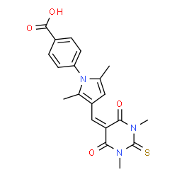 ChemSpider 2D Image | 4-{3-[(1,3-Dimethyl-4,6-dioxo-2-thioxotetrahydro-5(2H)-pyrimidinylidene)methyl]-2,5-dimethyl-1H-pyrrol-1-yl}benzoic acid | C20H19N3O4S