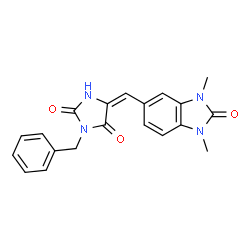 ChemSpider 2D Image | (5E)-3-Benzyl-5-[(1,3-dimethyl-2-oxo-2,3-dihydro-1H-benzimidazol-5-yl)methylene]-2,4-imidazolidinedione | C20H18N4O3