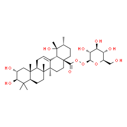 ChemSpider 2D Image | (2S,3R,4S,5S,6R)-3,4,5-Trihydroxy-6-(hydroxymethyl)tetrahydro-2H-pyran-2-yl (1R,2R,4aS,6aS,6bR,8aR,10R,11R,12aR,12bR,14bS)-1,10,11-trihydroxy-1,2,6a,6b,9,9,12a-heptamethyl-1,3,4,5,6,6a,6b,7,8,8a,9,10,
11,12,12a,12b,13,14b-octadecahydro-4a(2H)-picenecarboperoxoate (non-preferred name) | C36H58O11