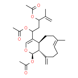 ChemSpider 2D Image | 5-[(1R,4aS,7E,11aR)-1-Acetoxy-7-methyl-11-methylene-1,4a,5,6,9,10,11,11a-octahydrocyclonona[c]pyran-4-yl]-2-methyl-1-pentene-3,5-diyl diacetate | C26H36O7