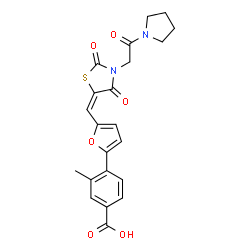ChemSpider 2D Image | 4-{5-[(E)-{2,4-Dioxo-3-[2-oxo-2-(1-pyrrolidinyl)ethyl]-1,3-thiazolidin-5-ylidene}methyl]-2-furyl}-3-methylbenzoic acid | C22H20N2O6S