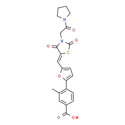 ChemSpider 2D Image | 4-{5-[(Z)-{2,4-Dioxo-3-[2-oxo-2-(1-pyrrolidinyl)ethyl]-1,3-thiazolidin-5-ylidene}methyl]-2-furyl}-3-methylbenzoic acid | C22H20N2O6S