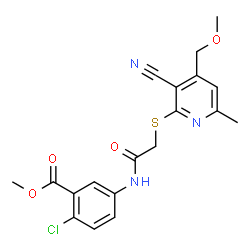 ChemSpider 2D Image | Methyl 2-chloro-5-[({[3-cyano-4-(methoxymethyl)-6-methyl-2-pyridinyl]sulfanyl}acetyl)amino]benzoate | C19H18ClN3O4S