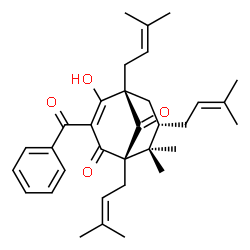 ChemSpider 2D Image | (7S)-3-Benzoyl-4-hydroxy-8,8-dimethyl-1,5,7-tris(3-methylbut-2-en-1-yl)bicyclo[3.3.1]non-3-ene-2,9-dione | C33H42O4