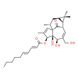 ChemSpider 2D Image | (1S,4S,5S,6R,9S,10R,12R,14R)-5,6-Dihydroxy-7-(hydroxymethyl)-3,11,11,14-tetramethyl-15-oxotetracyclo[7.5.1.0~1,5~.0~10,12~]pentadeca-2,7-dien-4-yl (2E,4E)-2,4-decadienoate | C30H42O6