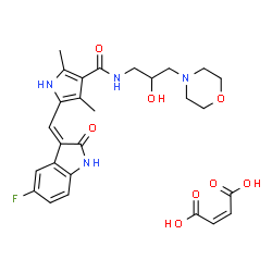 ChemSpider 2D Image | 5-[(Z)-(5-Fluoro-2-oxo-1,2-dihydro-3H-indol-3-ylidene)methyl]-N-[2-hydroxy-3-(4-morpholinyl)propyl]-2,4-dimethyl-1H-pyrrole-3-carboxamide (2Z)-2-butenedioate (1:1) | C27H31FN4O8