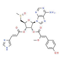 ChemSpider 2D Image | 5'-Deoxy-2'-O-[(2Z)-3-(4-hydroxyphenyl)-2-methoxy-2-propenoyl]-3'-O-[(2E)-3-(1H-imidazol-4-yl)-2-propenoyl]-5'-(methylsulfinyl)adenosine | C27H27N7O8S