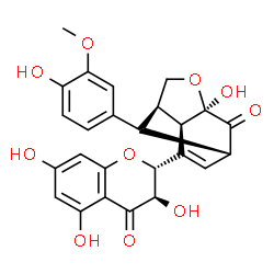 ChemSpider 2D Image | (1R,3R,6R,7R)-3-Hydroxy-10-(4-hydroxy-3-methoxyphenyl)-8-[(2R,3R)-3,5,7-trihydroxy-4-oxo-3,4-dihydro-2H-chromen-2-yl]-4-oxatricyclo[4.3.1.0~3,7~]dec-8-en-2-one | C25H22O10